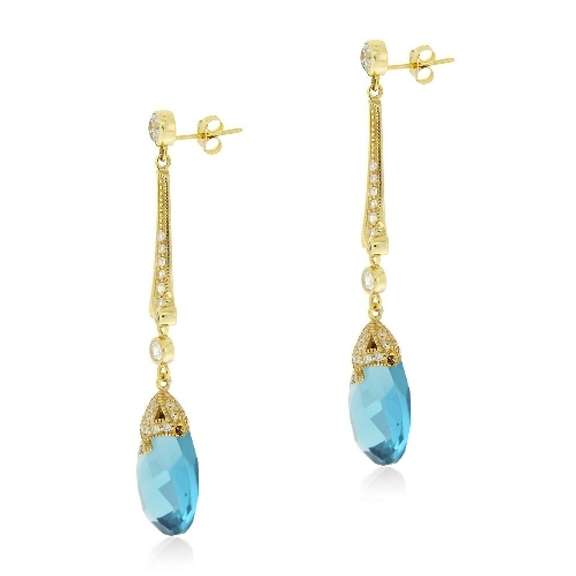 18K Gold over Sterling Silver 18ct Aqua & Clear CZ Estate Dangle Earrings