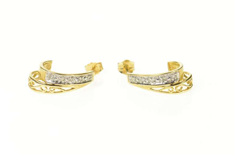 10K Yellow Gold Diamond Curved Oval Swirl Design Semi Hoop Earrings