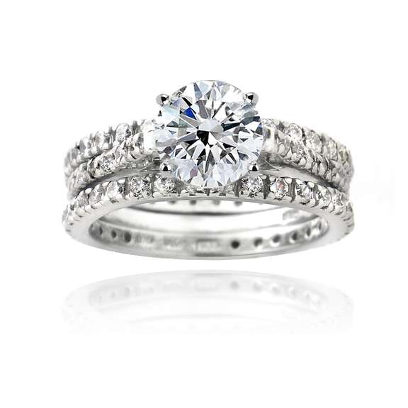 Sterling Silver Round CZ Wedding Engagement Ring Set