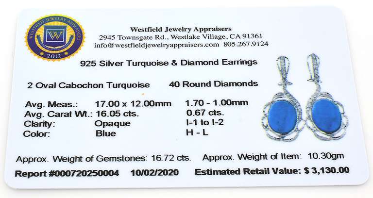 Inspiring 16.05CTW Turquoise & Diamond Dangle Earrings in Sterling Silver