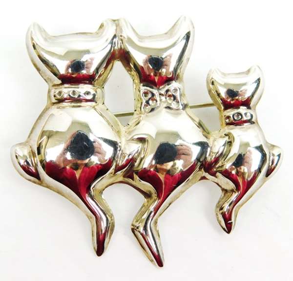 Sterling Silver Triple Cat Brooch