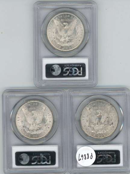 3 diff. choice BU Morgan Silver Dollars. PCGS MS63