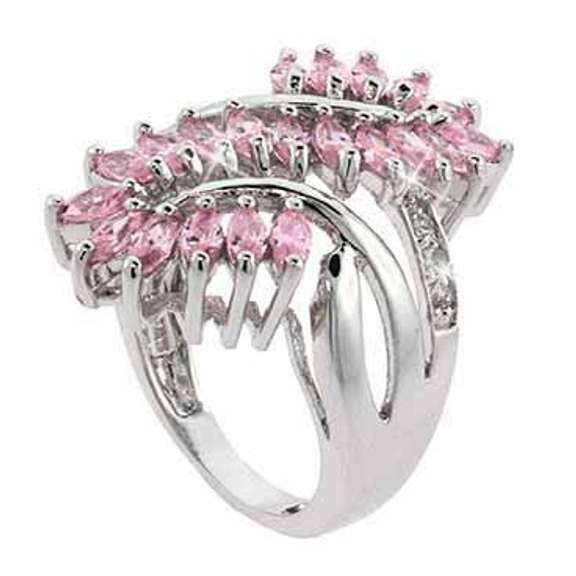 Sterling Silver Pink Leaf & Clear CZ Filigree and Vine Ring