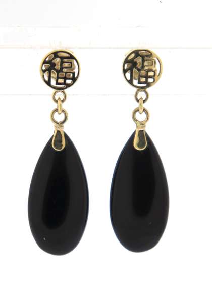 Stunning 14kt YG Black Onyx and Chinese Symbol Earrings