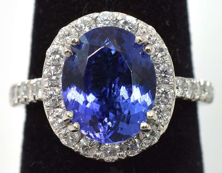 Pretty Tanzanite & Diamond Halo Ring in Platinum