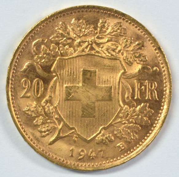 Superb Gem BU 1947-B Swiss 20 Francs Gold Piece