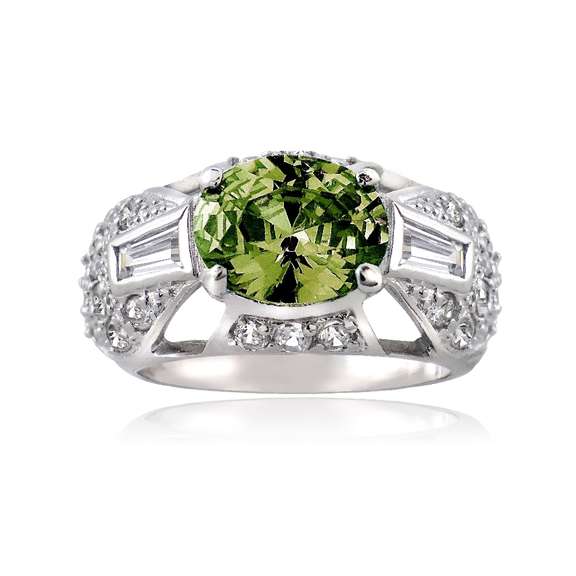 Sterling Silver Olive Green Cubic Zirconia and Simulated Diamond CZ baguette and Pave Filigree Ring