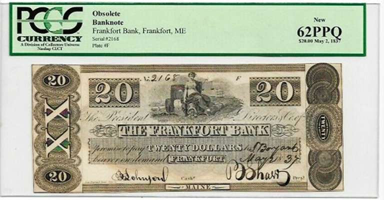 Crisp Exceptional 1837 $20 Note Frankfort Bank Frankfort Maine-Very Tough Note!