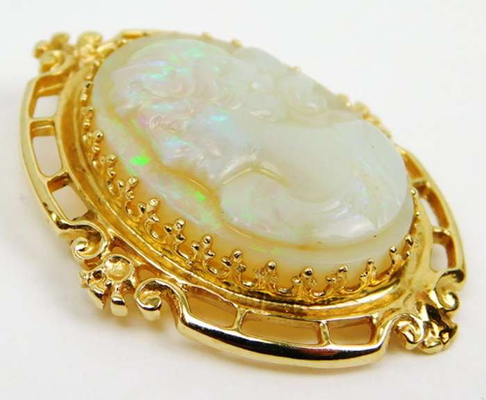 Exquisite 14K Carved Opal Cameo Pin/Pendant