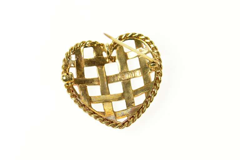 14K Yellow Gold Retro Blue Green Enamel Woven Heart Pin/Brooch