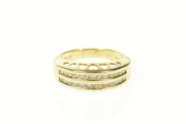 10K Yellow Gold Tiered Diamond Channel Heart Pattern Band Ring