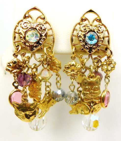 Vintage Kirks Folly Dangly Crystal Cat Earrings