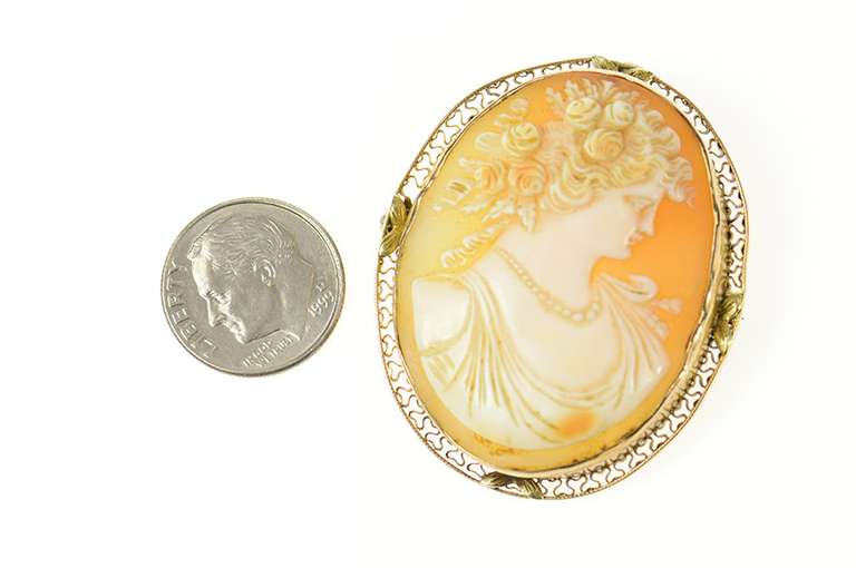 14K Yellow Gold Victorian Ornate Carved Lady Shell Cameo Pendant/Pin