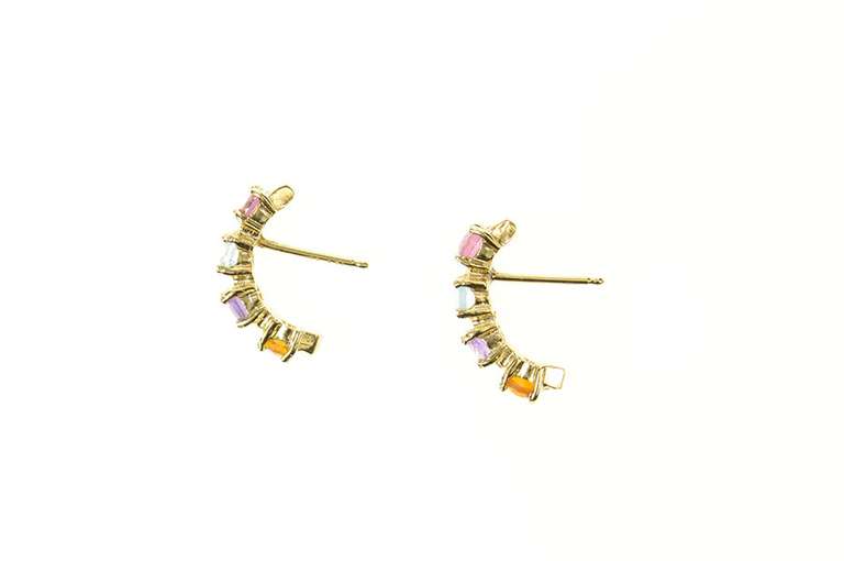 14K Yellow Gold Blue Topaz Amethyst Curved Bar Semi Hoop Earrings