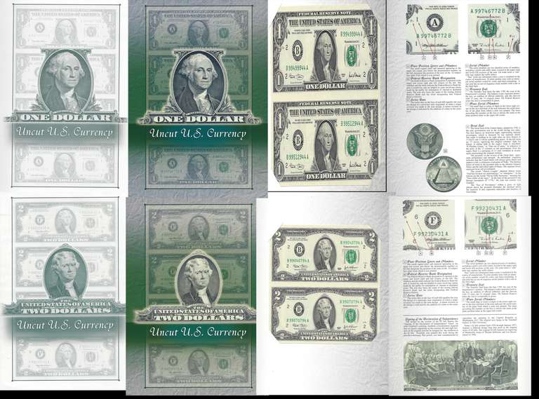 $1 & $2 Uncut sheet in Original BEP holders Uncirculated