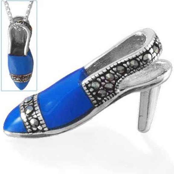 Sterling Silver Marcasite Blue High-Heel Shoe Charm Pendant