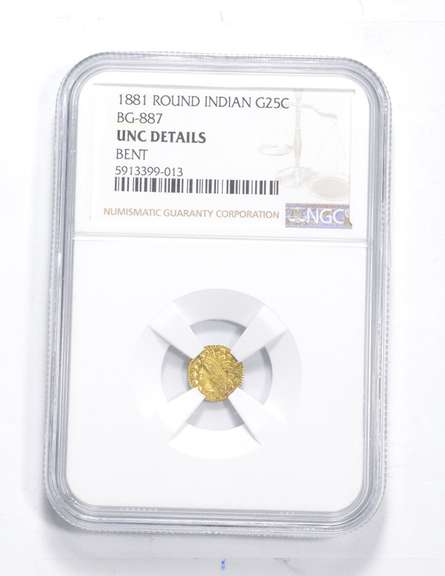 UNC Details 1881 Indian 25 Cents - Round Gold Coin - Bent - Graded NGC
