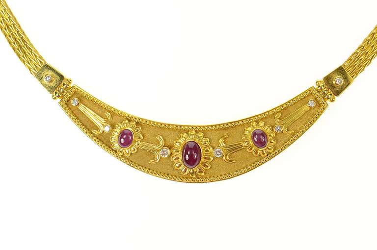 18K Yellow Gold Etruscan Revival Ruby Diamond Statement Necklace