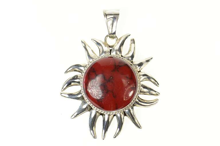 Sterling Silver Red & Black Marbled Stone Ornate Sun Pendant