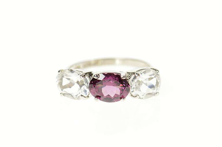 10K White Gold Three Stone Oval Cubic Zirconia Pink Tourmaline Ring