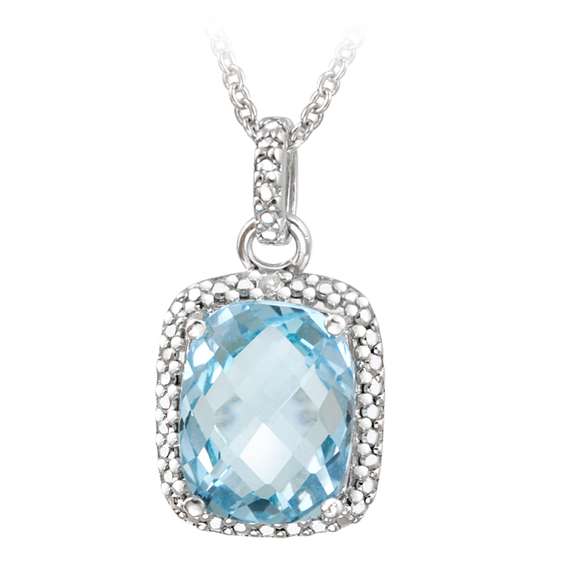 Sterling Silver 4ct Blue Topaz &amp; Diamond Accent Cushion Cut Necklace