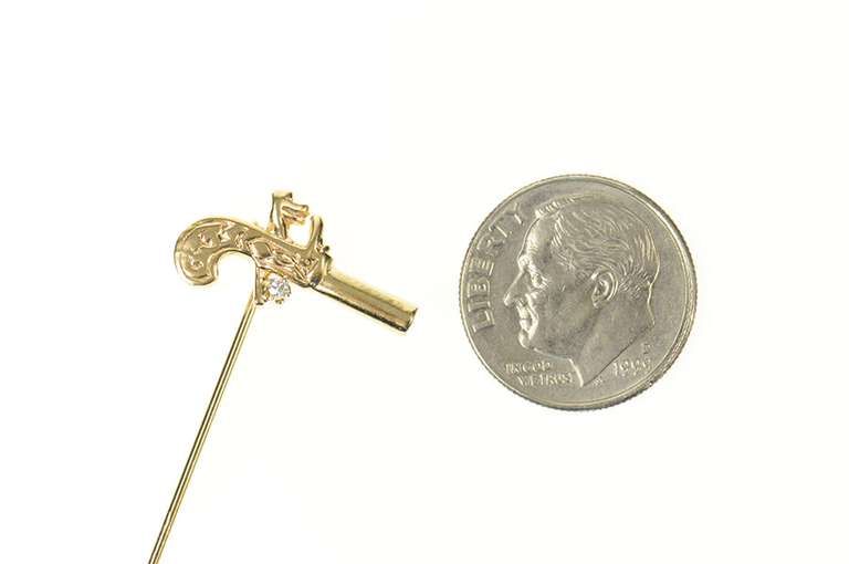 14K Yellow Gold Diamond Inset Flintlock Pistol Ornate Stick Pin