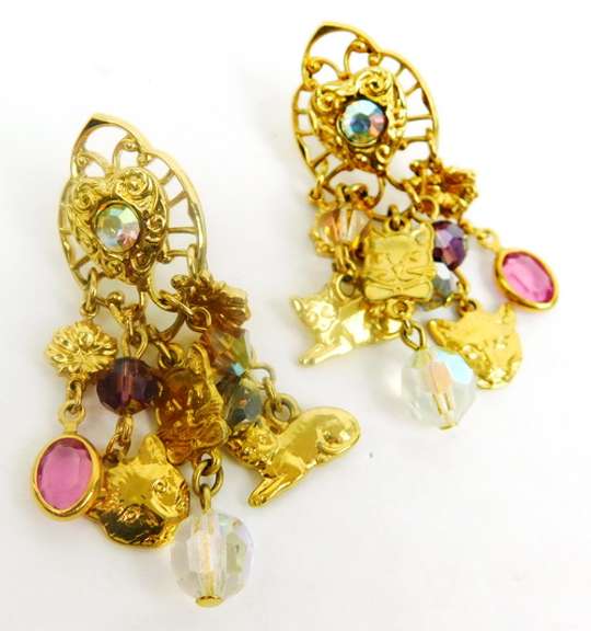 Vintage Kirks Folly Dangly Crystal Cat Earrings