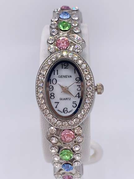 Ladies Geneva & Gemstone Watch, 18kt Gold Plated Cuff