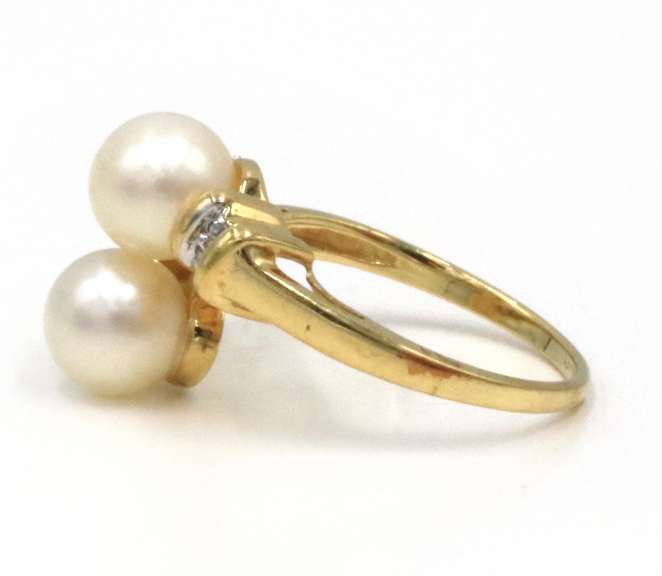 Brilliant 14kt YG Double Pearl & Diamond Bypass Ring