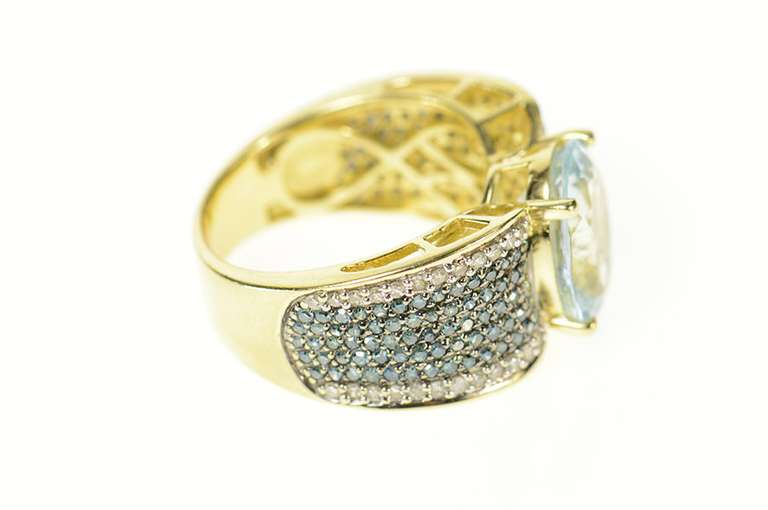 14K Yellow Gold Oval Blue Topaz Pave White & Blue Diamond Ring