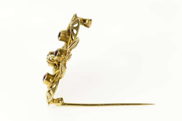 10K Yellow Gold Victorian Syn. Ruby Diamond Clover Filigree Pin/Brooch