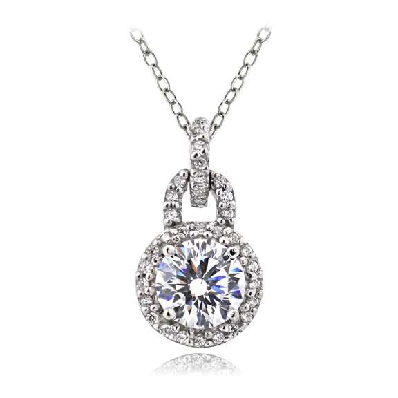 Platinum Plated Sterling Silver 100 Facets Cubic Zirconia Round Dangle Necklace(2cttw)