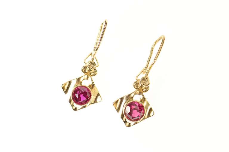 10K Yellow Gold 1940's Syn. Ruby Cherry Blossom Dangle Hook Earrings
