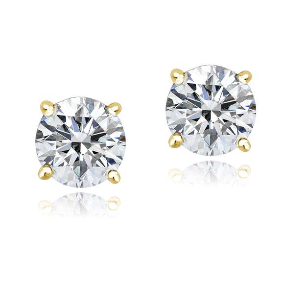 Gold Tone over Sterling Silver 100 Facets Cubic Zirconia Solitaire Stud Earrings (3cttw)