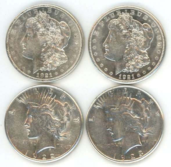 1921-D, 21-S, 22-S, & 1923-S Silver Dollars. Slider/BU
