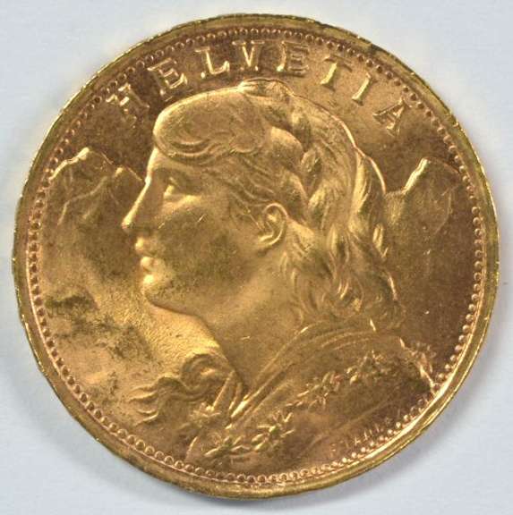 Superb Gem BU 1947-B Swiss 20 Francs Gold Piece