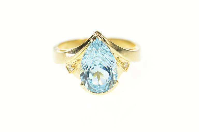 14K Yellow Gold Pear Blue Topaz Statement Diamond Accent Ring