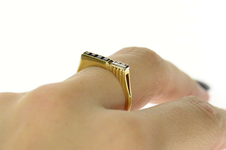 14K Yellow Gold Princess Sapphire Diamond Accent Retro Band Ring