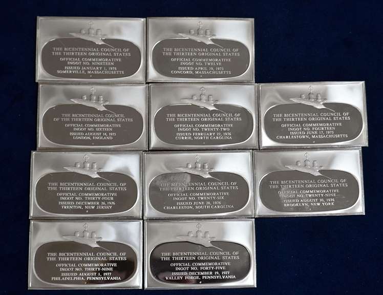 Lot of 10  Franklin Mint Bicentennial Council  The Thirteen Original States Sterling Silver Ingots