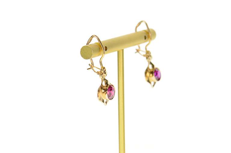 10K Yellow Gold 1940's Syn. Ruby Cherry Blossom Dangle Hook Earrings