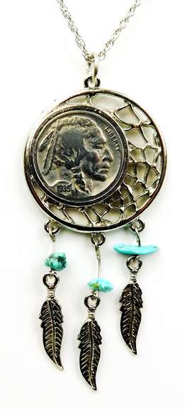 1935 Buffalo Nickel Turquoise Feather Necklace
