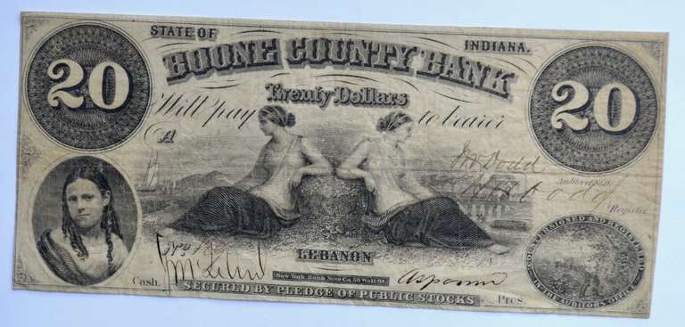 $ 20 State Of Indiana Boone County Bank Lebanon 1850 Note