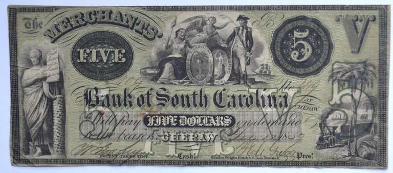 $ 5 Merchants Bank Of S Carolina Cherow 1857 Note