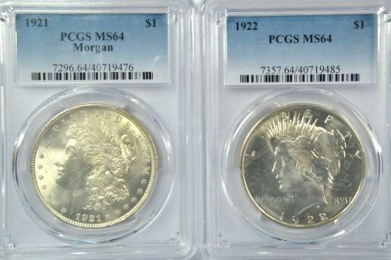 Near Gem 1921 Morgan & 1922 Peace Dollars. PCGS MS64