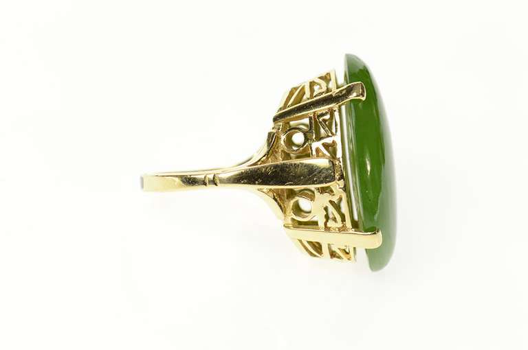 14K Yellow Gold Oval Ornate Jade Cabochon Statement Cocktail Ring