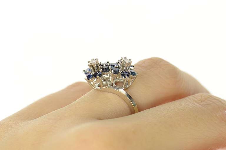 18K White Gold Retro Sapphire Diamond Flower Wrap Bypass Ring