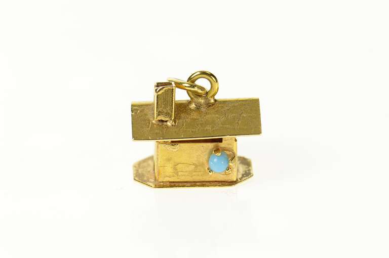 18K Yellow Gold 3D Victorian Turquoise Inset House Cabin Charm/Pendant