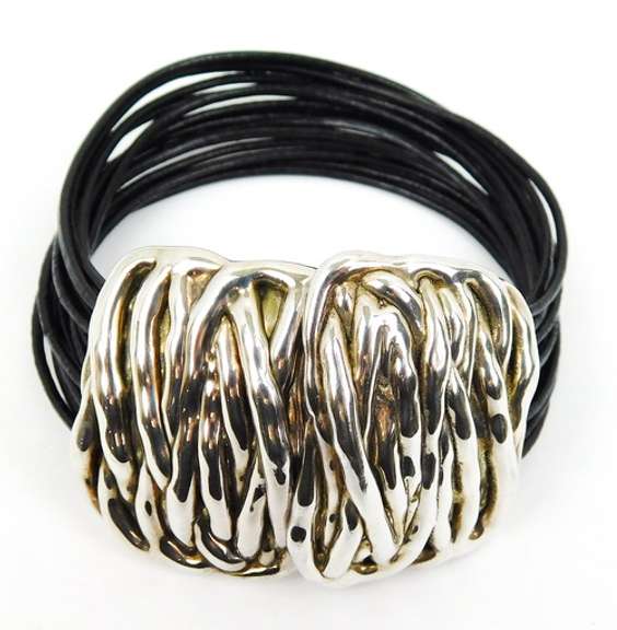Chunky & Hip Sterling & Black Leather Cuff Bracelet