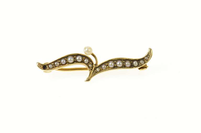 14K Yellow Gold Victorian Seed Pearl Wavy Swirl Floral Pin/Brooch