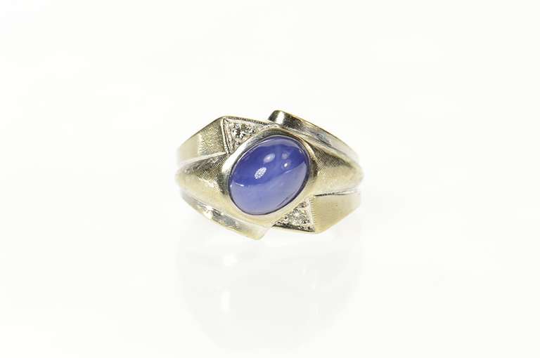 14K White Gold Retro 1960's Blue Syn. Star Sapphire Diamond Ring